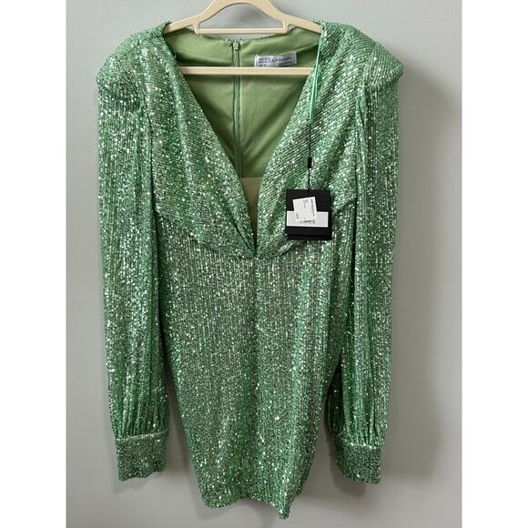 NWT Ieena For Mac Duggal Sequined Bishop Sleeve Sheath Dress Light Green Size 10 - Picture 3 of 10